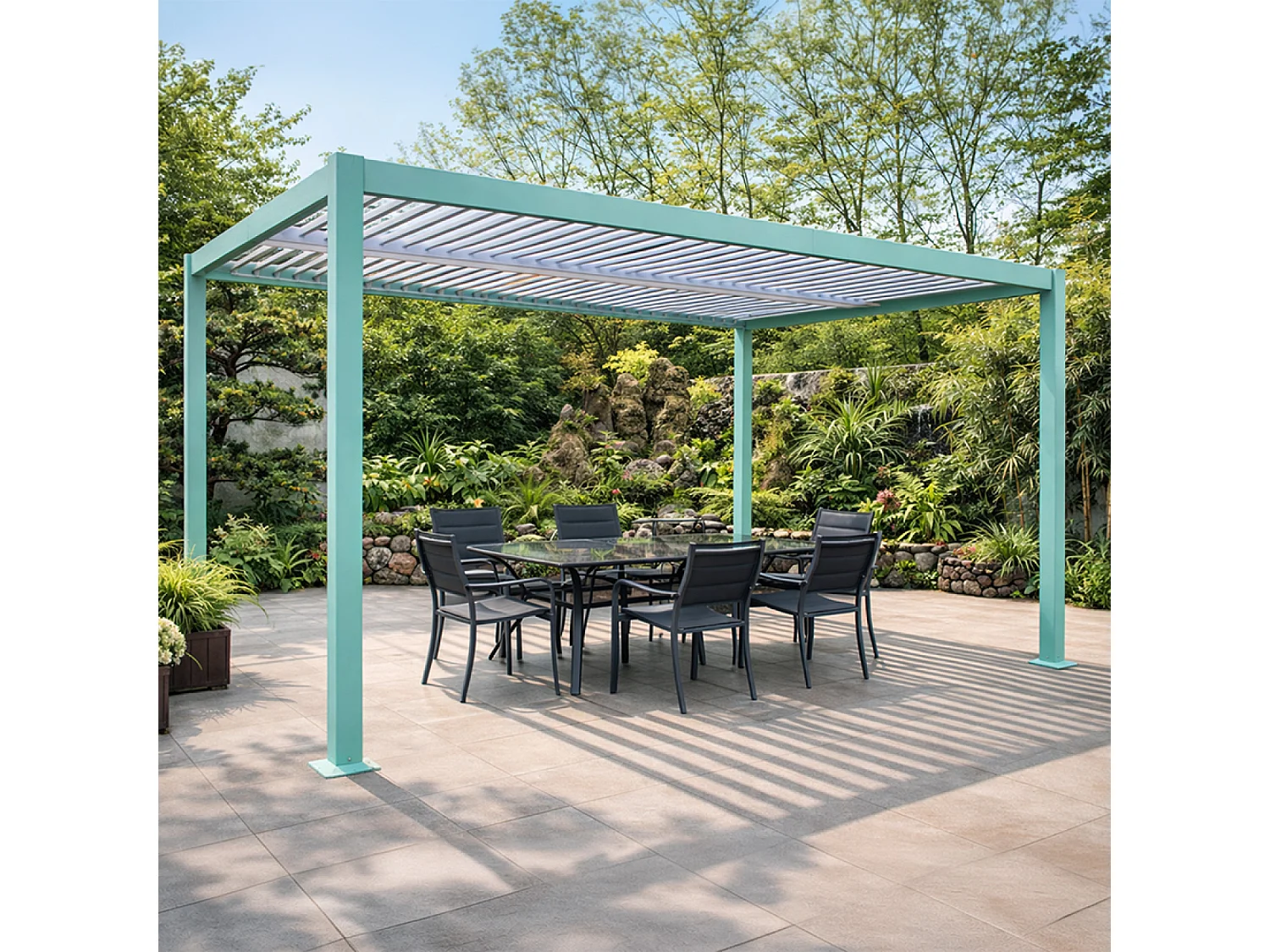 Pergola bioclimatique 4x3m structure aluminium lames orientables verte CORFU