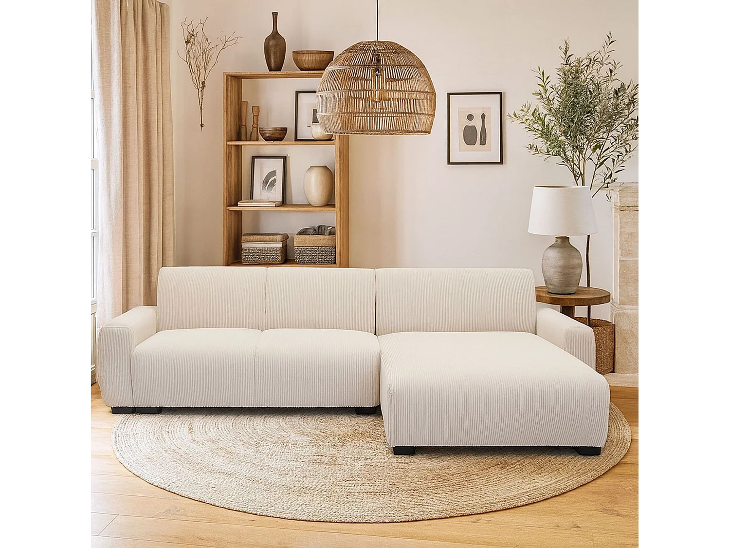 Canapé d'angle moderne 288cm Wallis Velours côtelé Crème