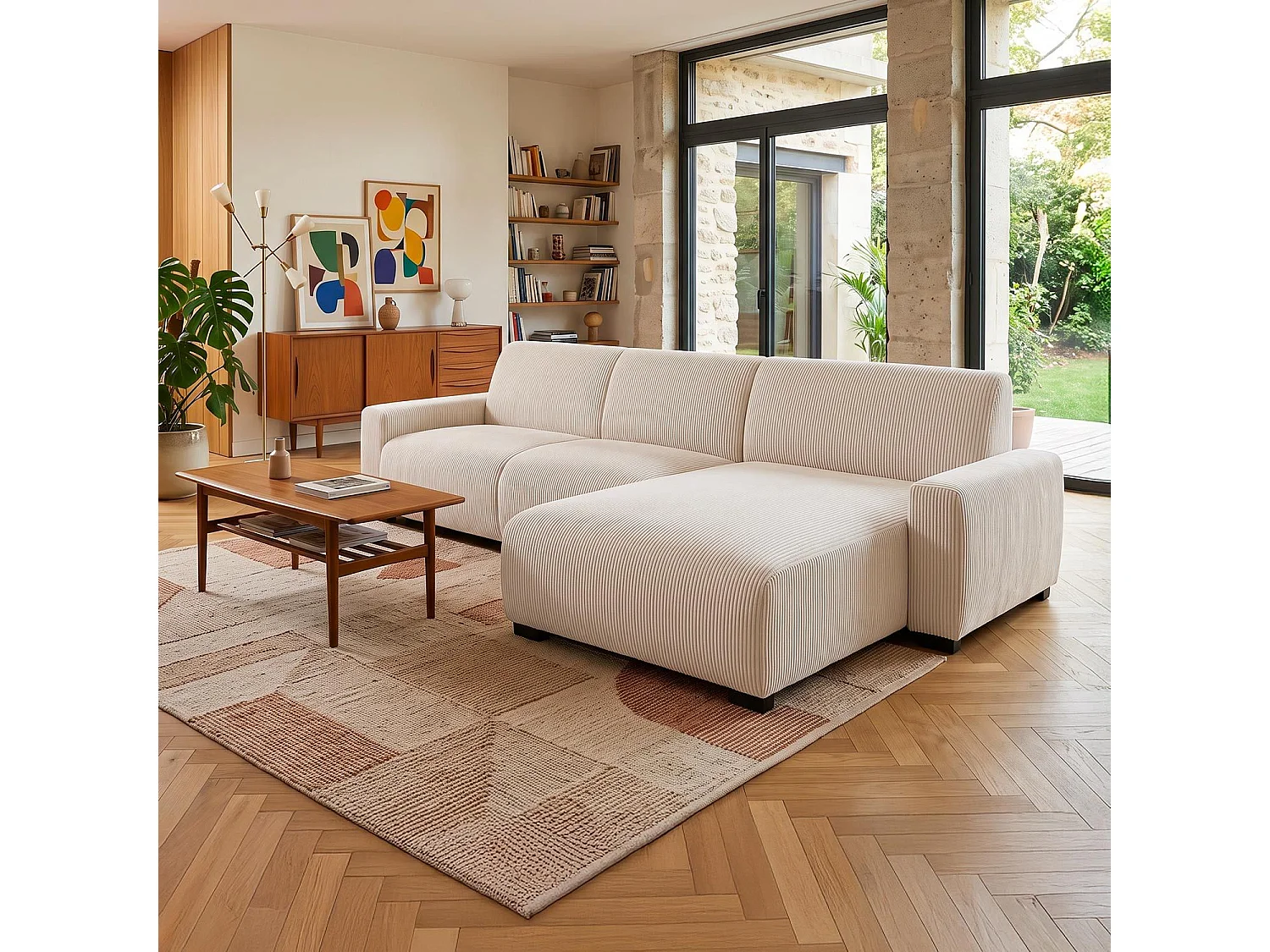 Canapé d'angle moderne 287cm Wallis Velours côtelé Crème