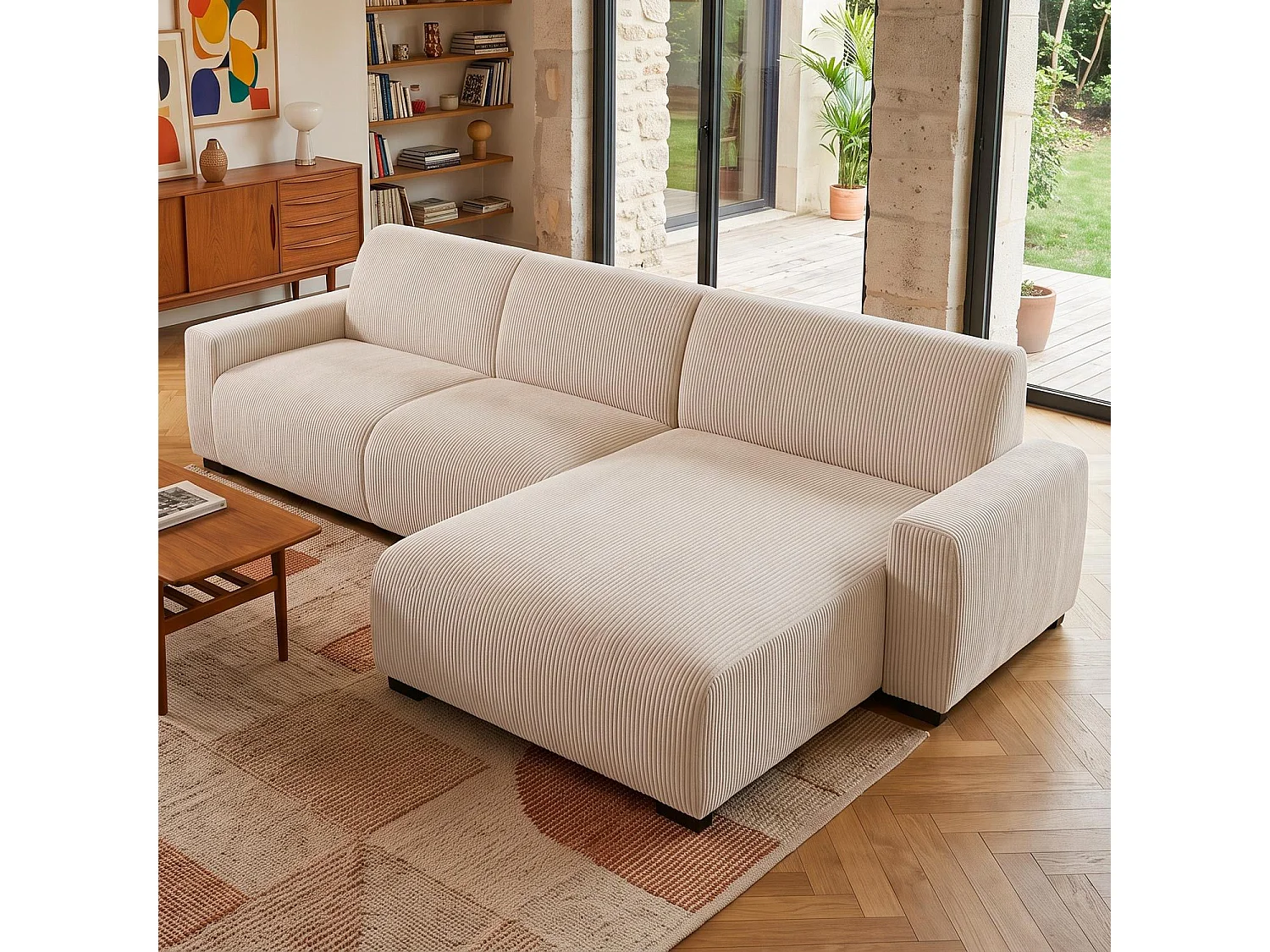 Canapé d'angle moderne 287cm Wallis Velours côtelé Crème