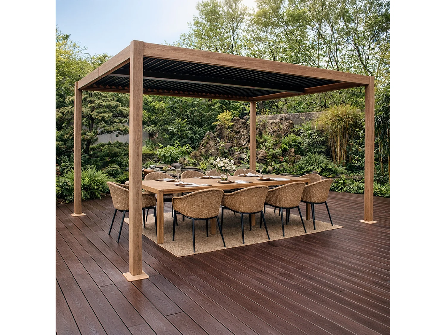 Pergola bioclimatique 4x3m structure aluminium lames orientables effet bois CORFU
