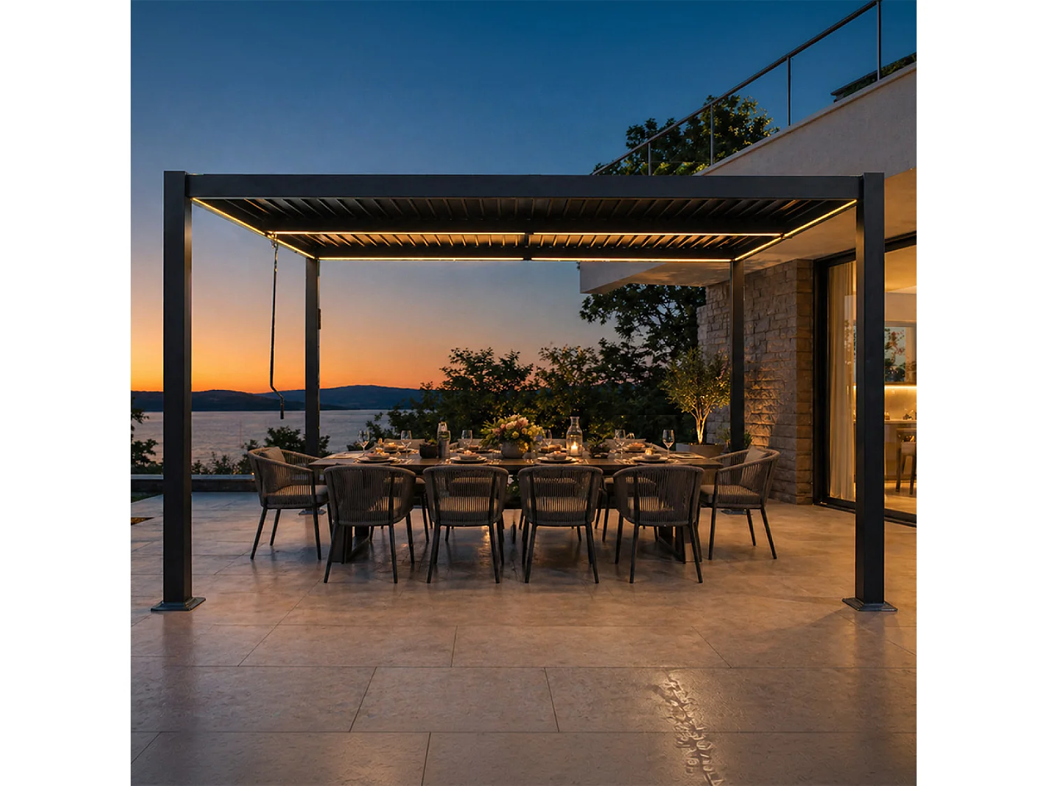 Pergola bioclimatique à LED 4x3m structure aluminium lames orientables CORFU