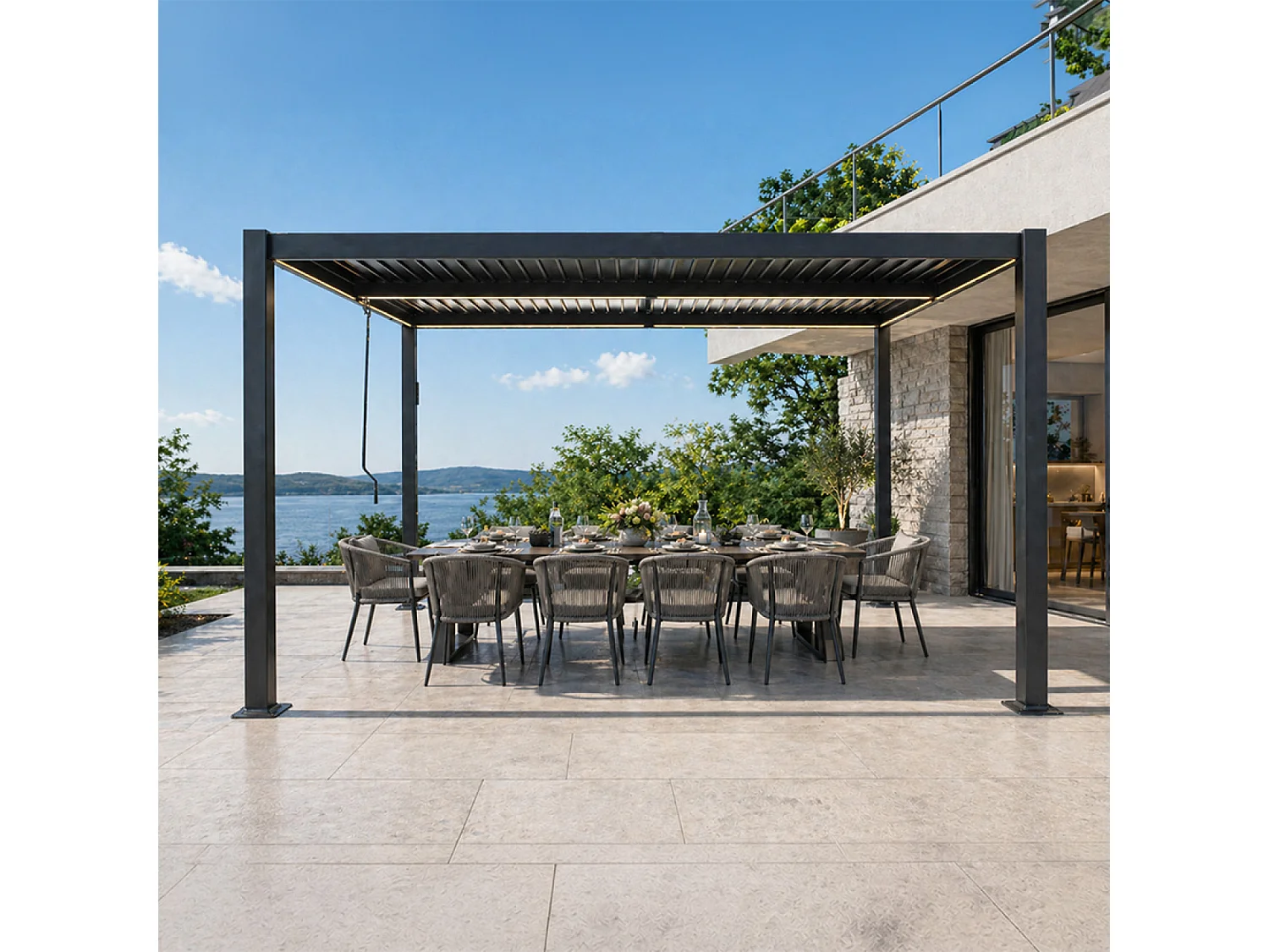 Pergola bioclimatique à LED 4x3m structure aluminium lames orientables CORFU