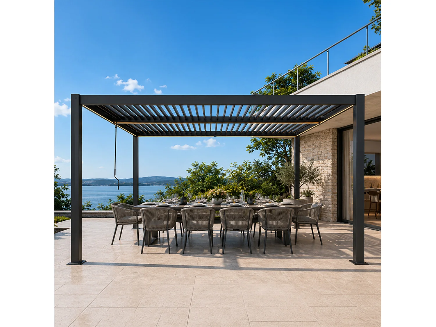 Pergola bioclimatique à LED 4x3m structure aluminium lames orientables CORFU
