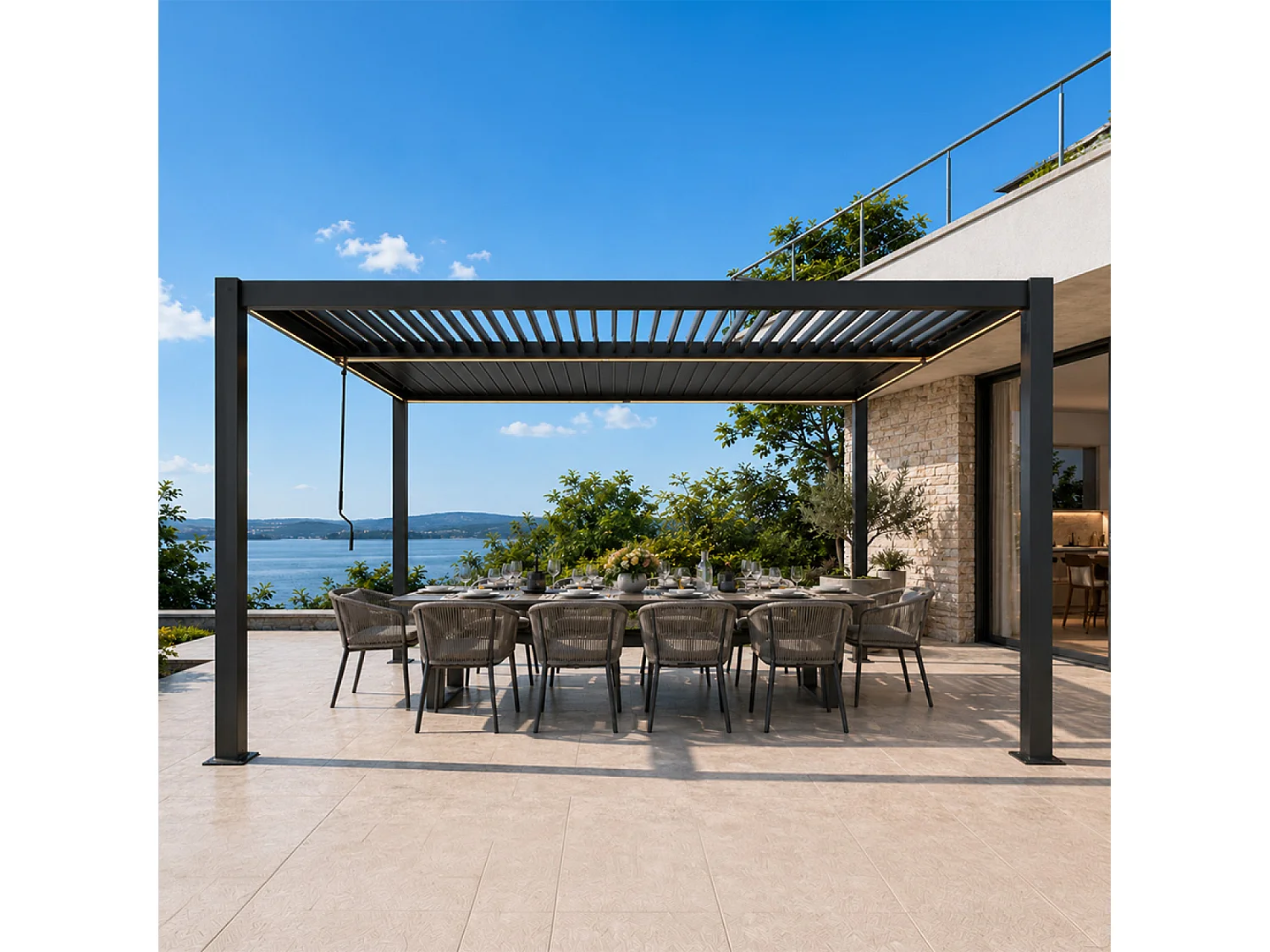 Pergola bioclimatique à LED 4x3m structure aluminium lames orientables CORFU
