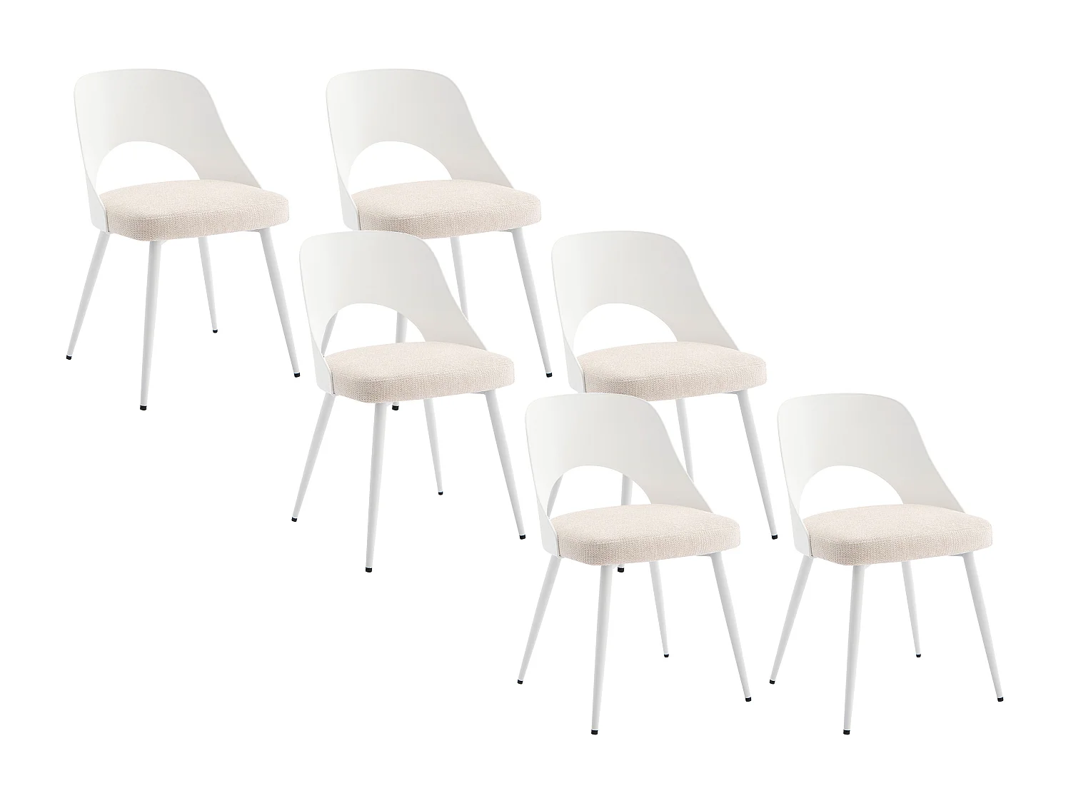 Lot de 6 chaises en polypropylène, tissu texturé et métal - Blanc et beige - IRELINA