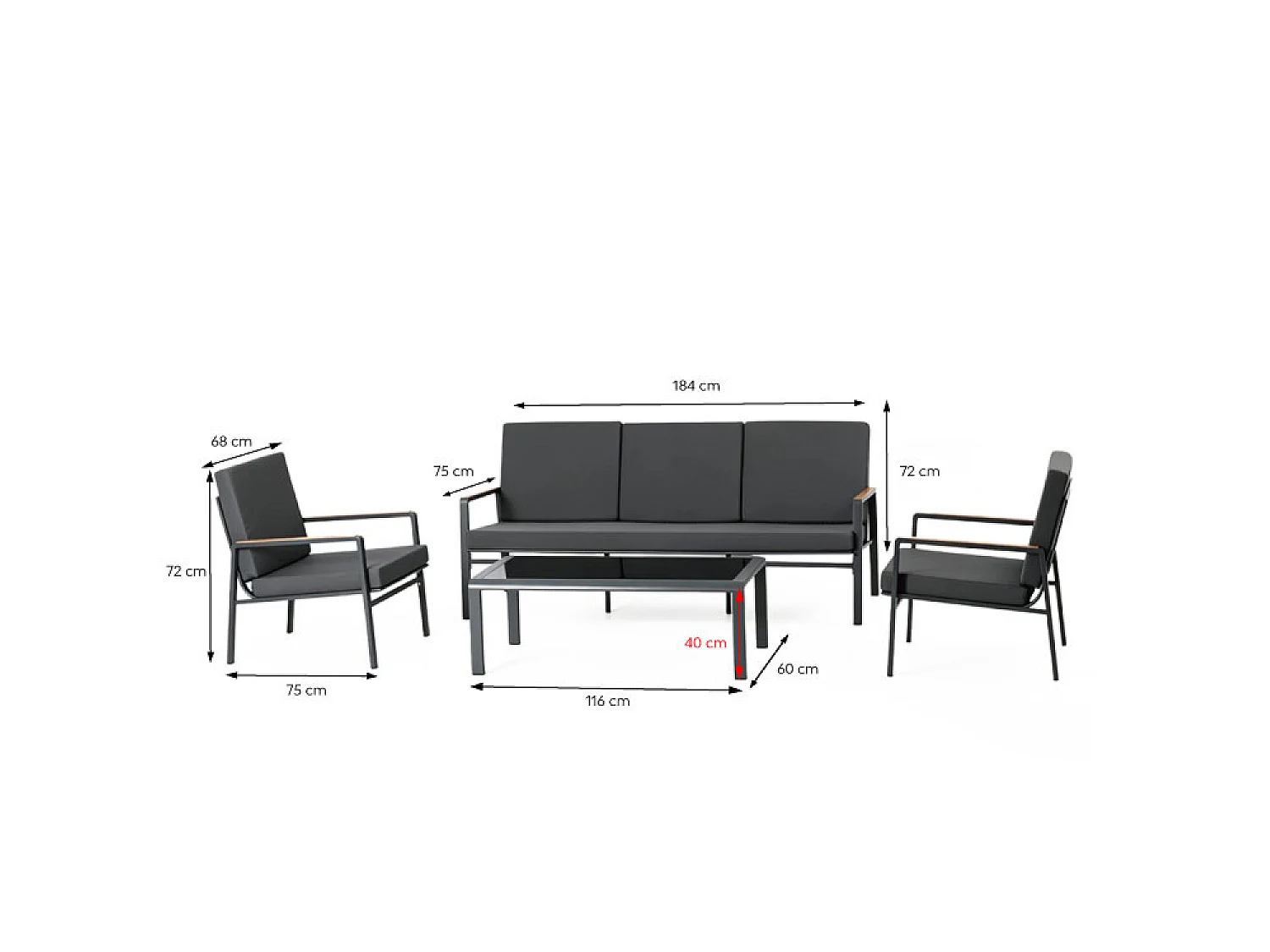 Salon de jardin 5 places en aluminium gris foncé HOBART