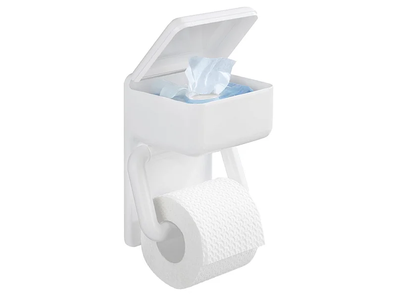 Porte-rouleau de papier toilette en plastique 2-en-1 avec boîte de rangement - Blanc, à fixation murale