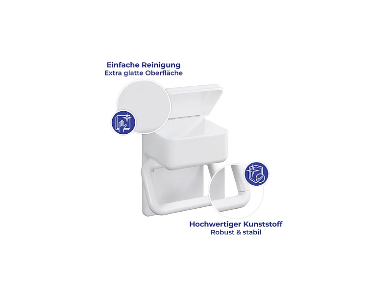 Porte-rouleau de papier toilette en plastique 2-en-1 avec boîte de rangement - Blanc, à fixation murale