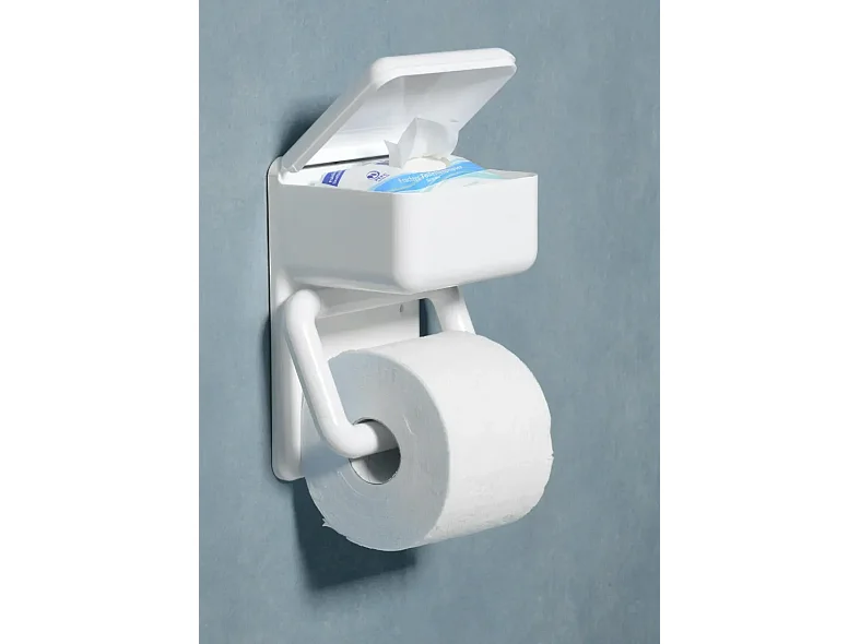 Porte-rouleau de papier toilette en plastique 2-en-1 avec boîte de rangement - Blanc, à fixation murale
