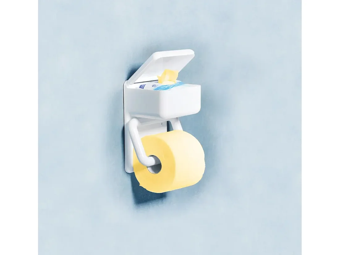 Porte-rouleau de papier toilette en plastique 2-en-1 avec boîte de rangement - Blanc, à fixation murale