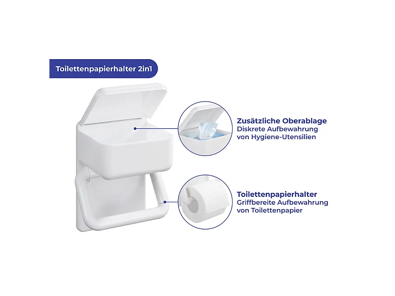 Porte-rouleau de papier toilette en plastique 2-en-1 avec boîte de rangement - Blanc, à fixation murale