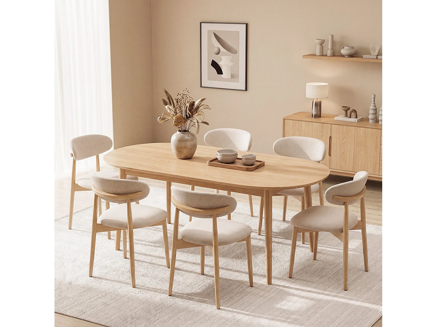 Lot de 6 chaises de salle à manger en bois massif, robustes et élégantes, pieds en bois naturel, beige