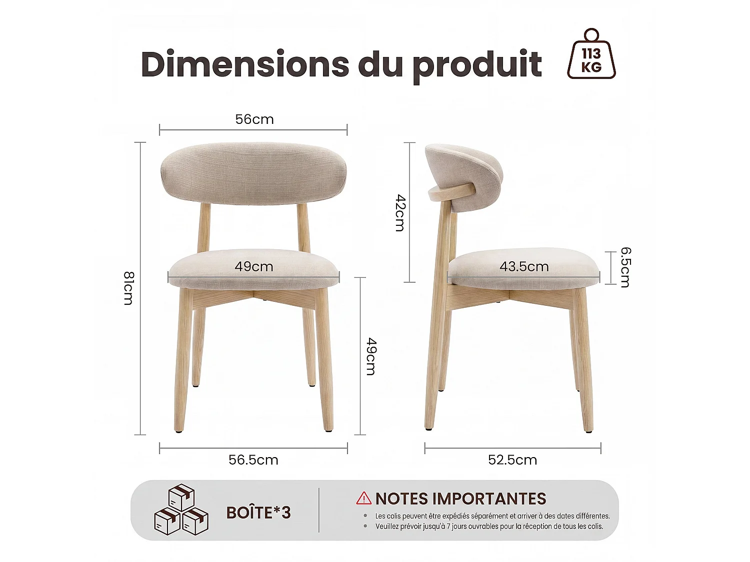 Lot de 6 chaises de salle à manger en bois massif, robustes et élégantes, pieds en bois naturel, beige