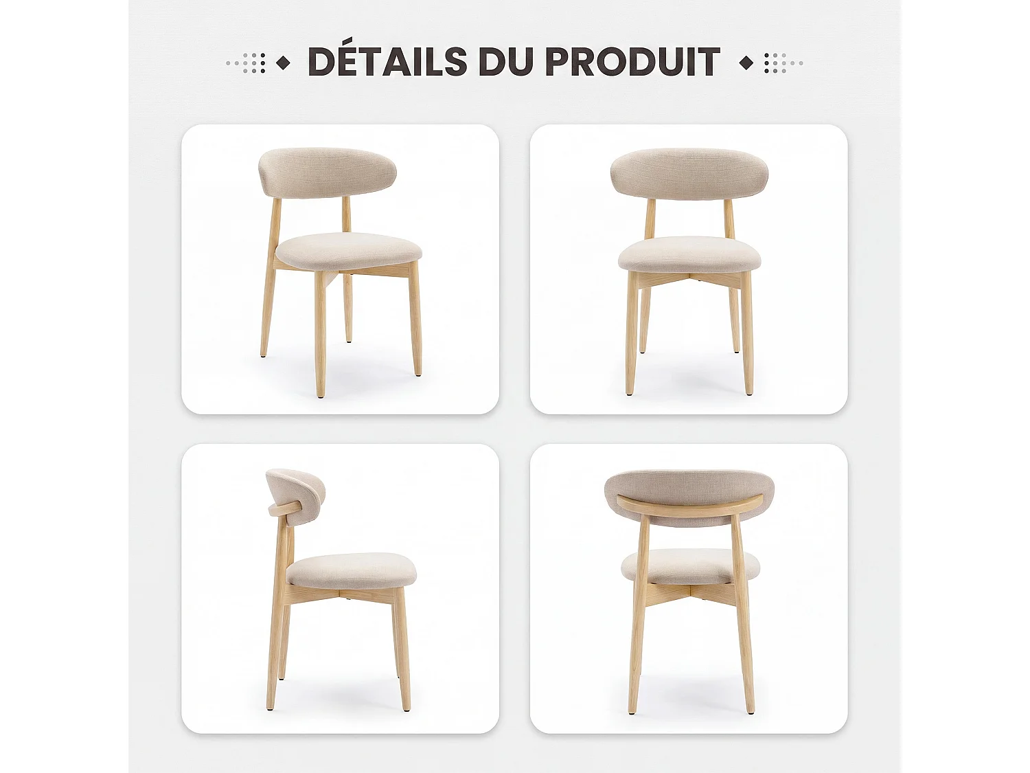 Lot de 6 chaises de salle à manger en bois massif, robustes et élégantes, pieds en bois naturel, beige