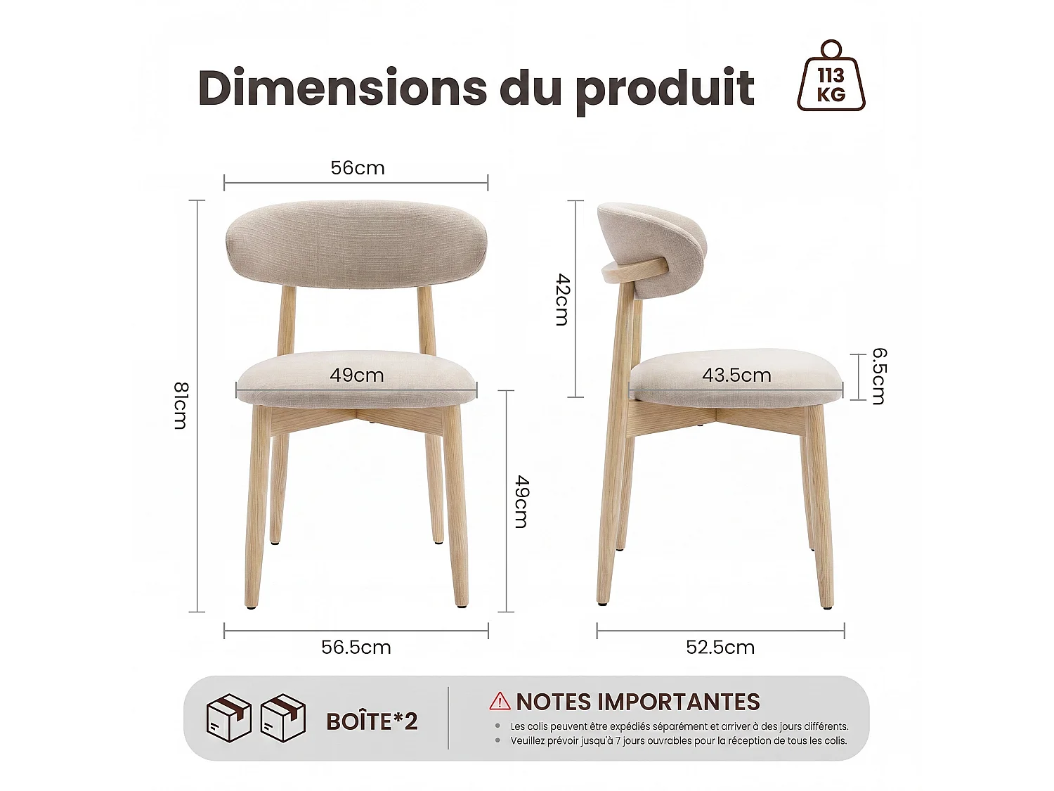 Lot de 4 chaises de salle à manger en bois massif, robustes et élégantes, pieds en bois naturel, beige