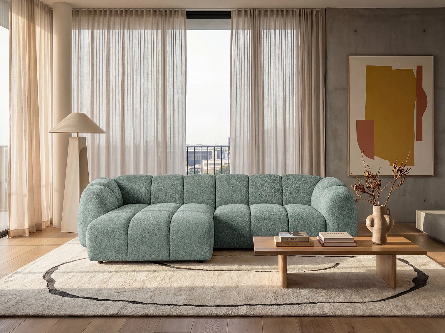 Canapé d'angle gauche tissu bouclé vert amande 280 cm - Mali Design