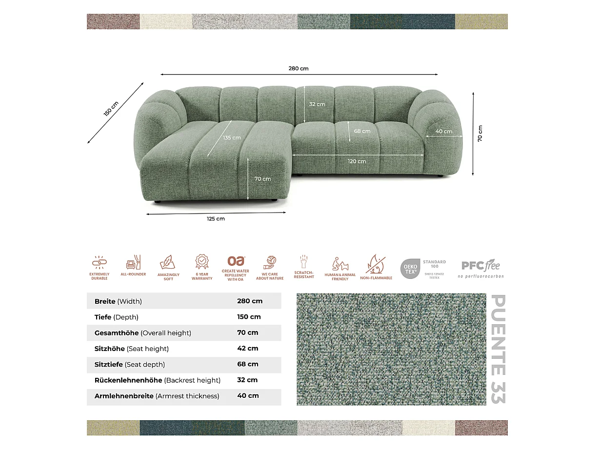 Canapé d'angle gauche tissu bouclé vert amande 280 cm - Mali Design