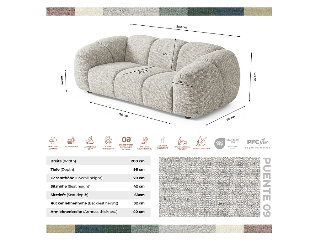 Canapé 2 places capitonné en tissu bouclé beige 200 cm - MALI 2S