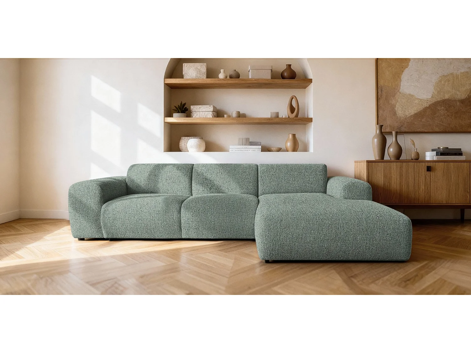 Canapé d'angle droit en tissu bouclé vert amande 310 cm - GIN