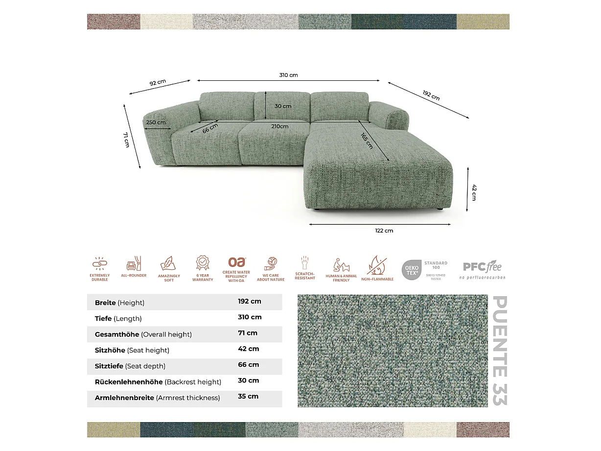 Canapé d'angle droit en tissu bouclé vert amande 310 cm - GIN