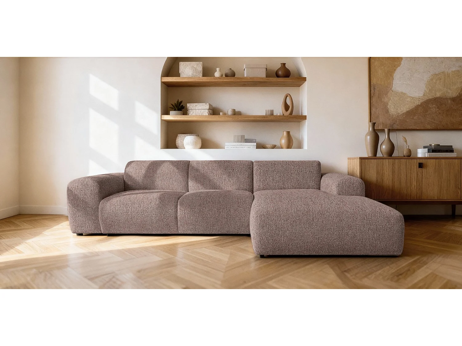 Canapé d'angle droit en tissu bouclé rose poudré 310 cm - GIN