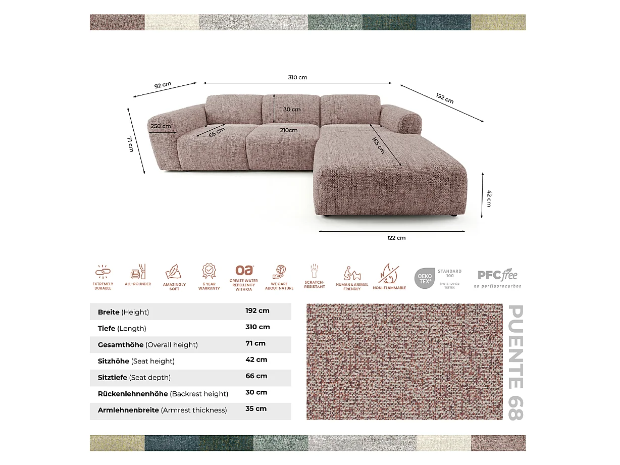 Canapé d'angle droit en tissu bouclé rose poudré 310 cm - GIN