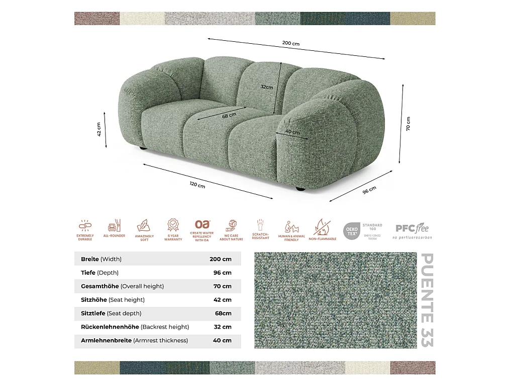 Canapé 2 places capitonné en tissu bouclé vert amande 200 cm - MALI 2S