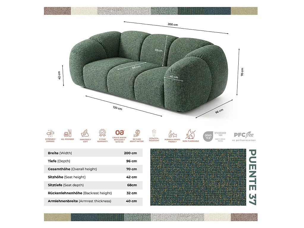 Canapé 2 places capitonné en tissu bouclé vert 200 cm - MALI 2S