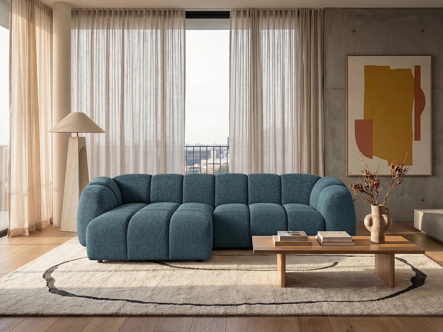 Kanapa narożna Mali Design 280 x 150 cm | Kanapa w kształcie litery L z wysokiej jakości tkaniny strukturalnej Puente | 06 jasnoszara | Puf po lewej stronie