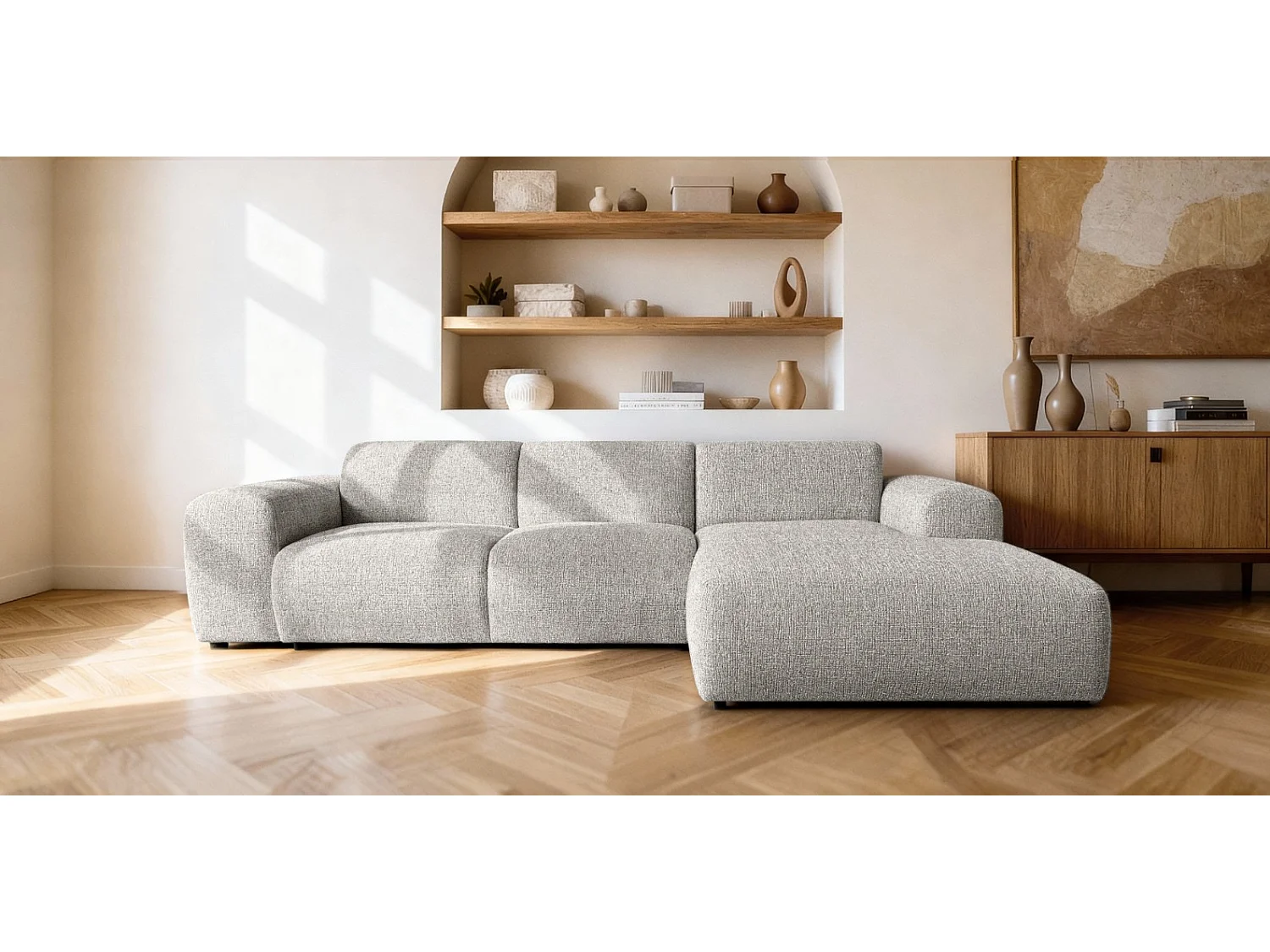 Canapé d'angle droit en tissu bouclé gris clair 310 cm - GIN