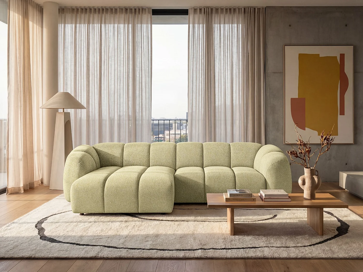 Canapé d'angle gauche tissu bouclé jaune moutarde 280 cm - Mali Design