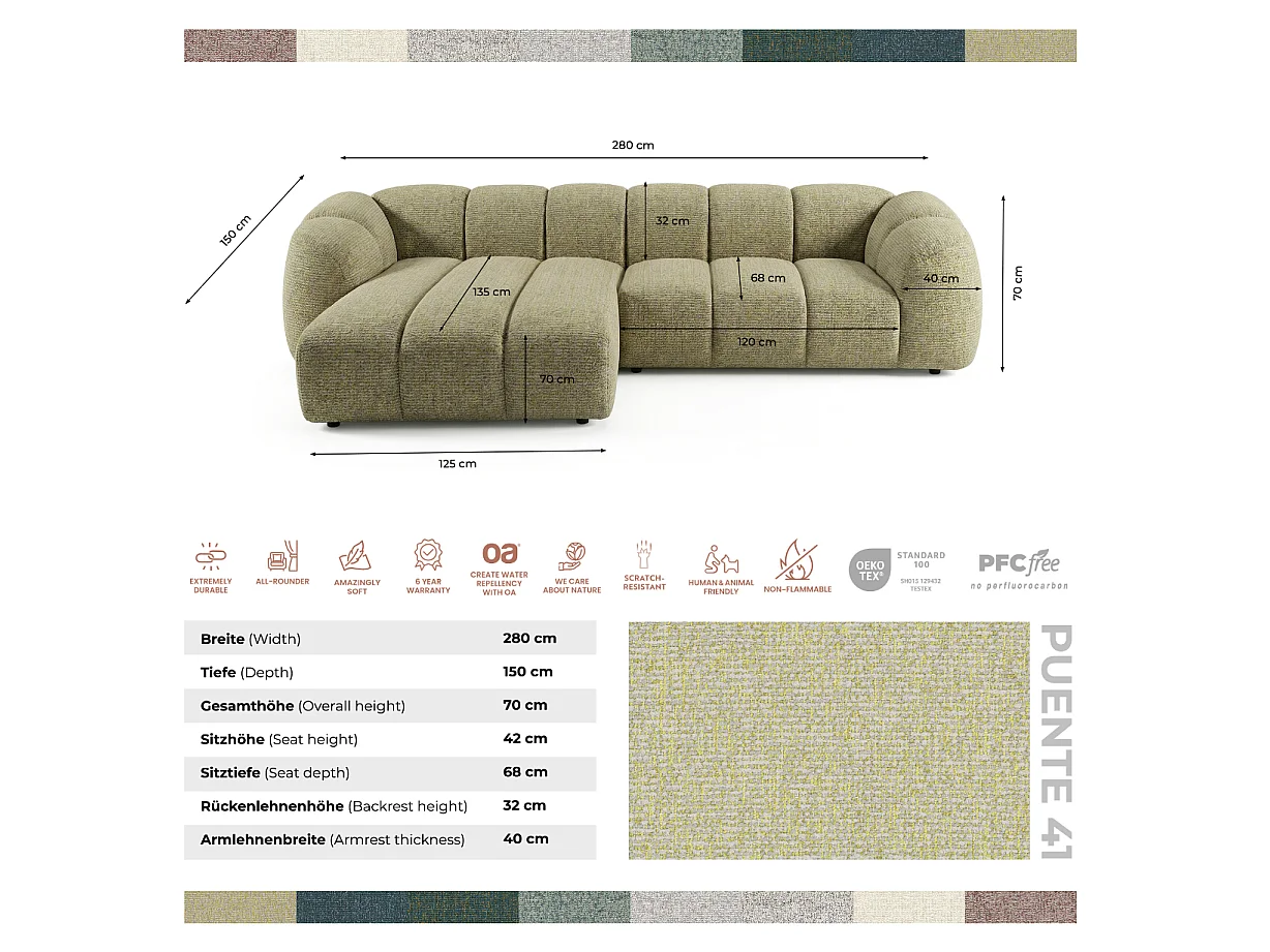 Canapé d'angle gauche tissu bouclé jaune moutarde 280 cm - Mali Design