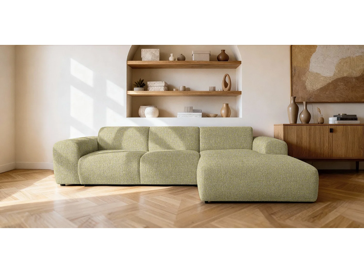 Canapé d'angle droit en tissu bouclé jaune moutarde 310 cm - GIN