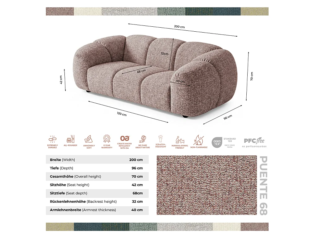 Canapé 2 places capitonné en tissu bouclé rose poudré 200 cm - MALI 2S