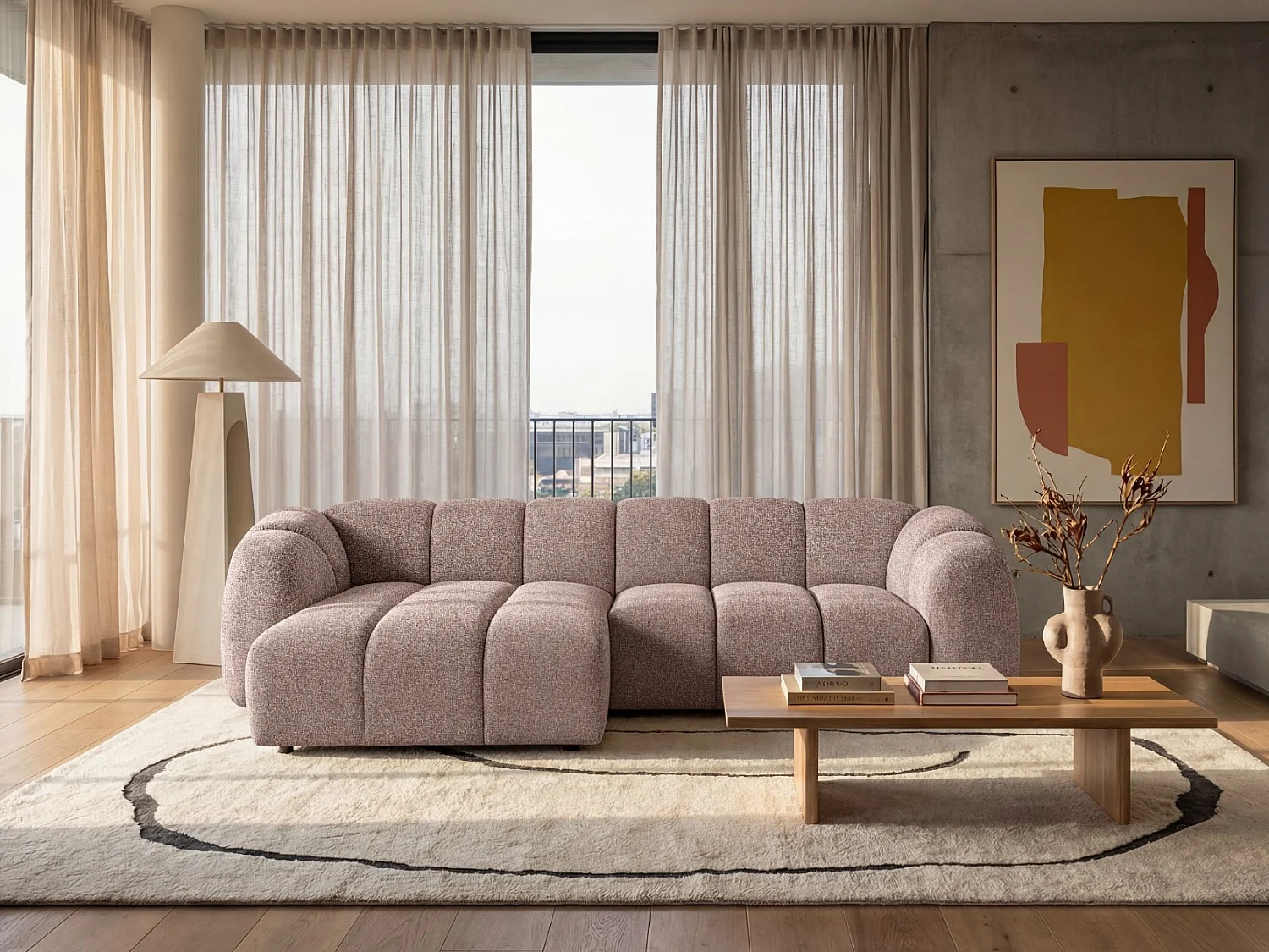 Canapé d'angle gauche tissu bouclé rose poudré 280 cm - Mali Design