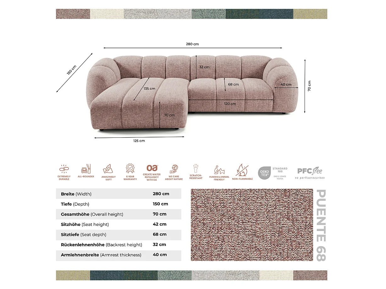 Canapé d'angle gauche tissu bouclé rose poudré 280 cm - Mali Design