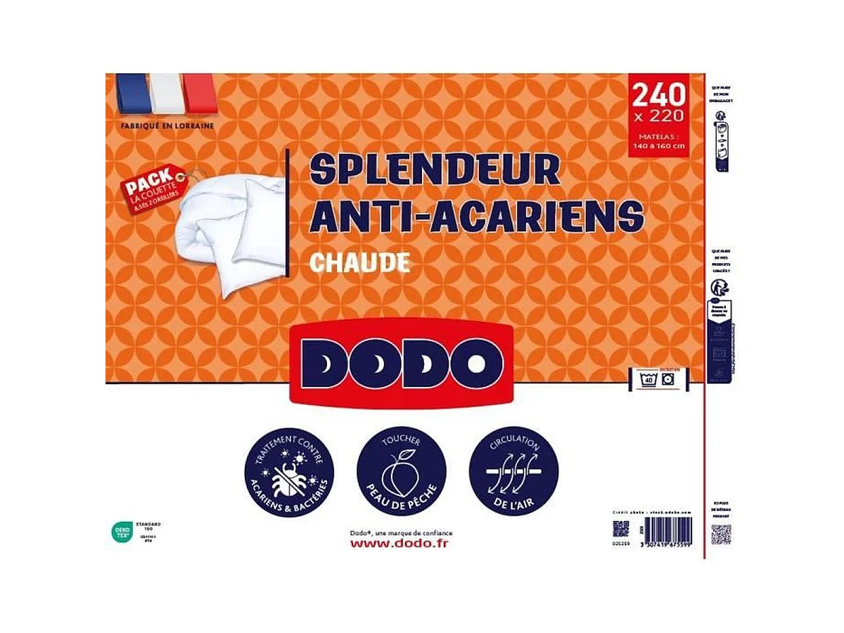 DODO Splendeur Pack — Couette Chaude 220x240 cm + 2 Oreillers 60x60 cm anti-acariens