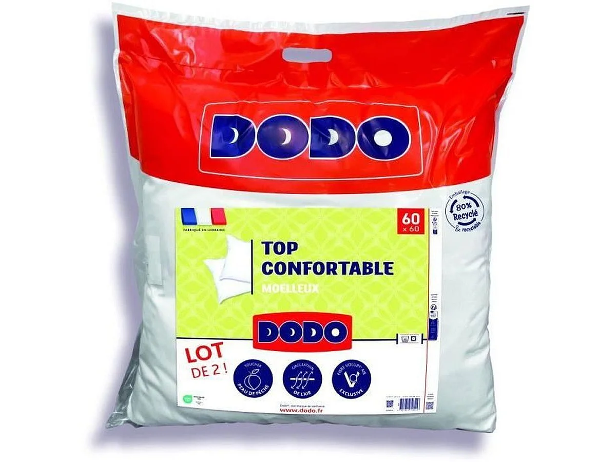 DODO Lot de 2 oreillers moelleux VOLUPT'AIR 60 x 60 cm - Top Confortable, blanc