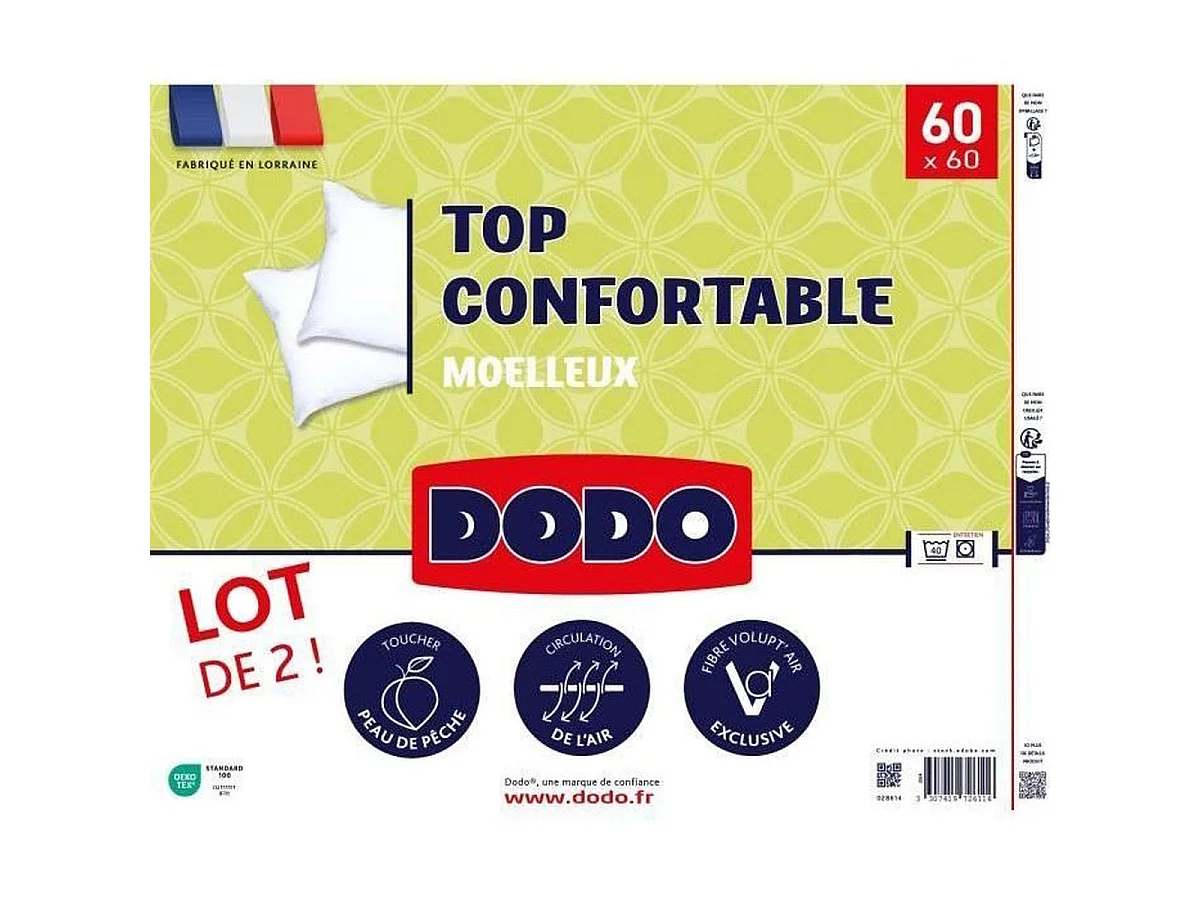 DODO Lot de 2 oreillers moelleux VOLUPT'AIR 60 x 60 cm - Top Confortable, blanc