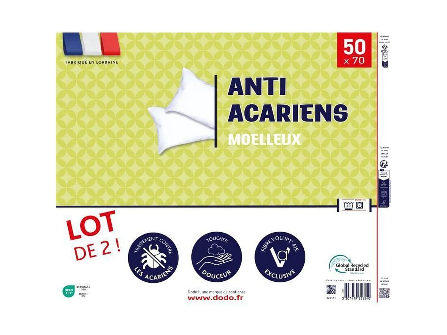 2 oreillers anti-acariens 50 x 70 cm 100% polyester