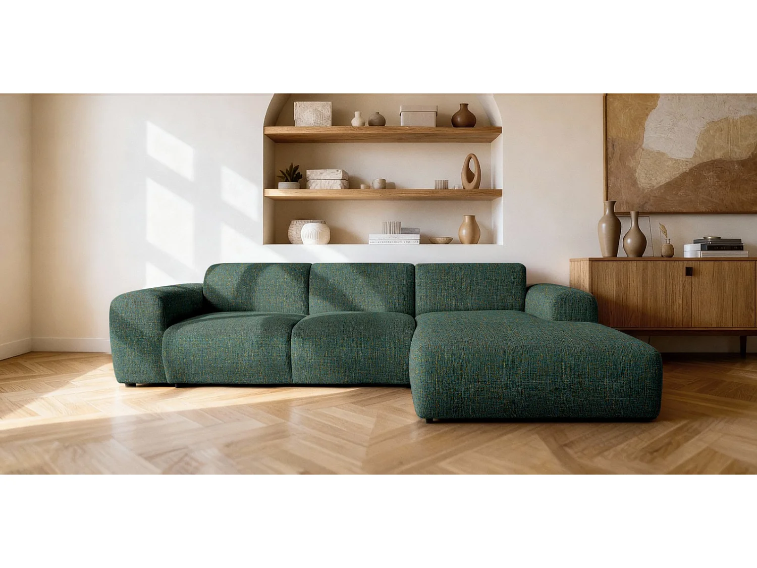 Canapé d'angle droit en tissu bouclé vert 310 cm - GIN