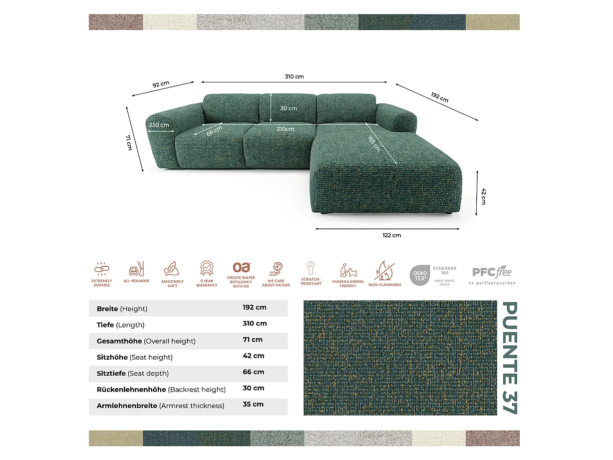 Canapé d'angle droit en tissu bouclé vert 310 cm - GIN