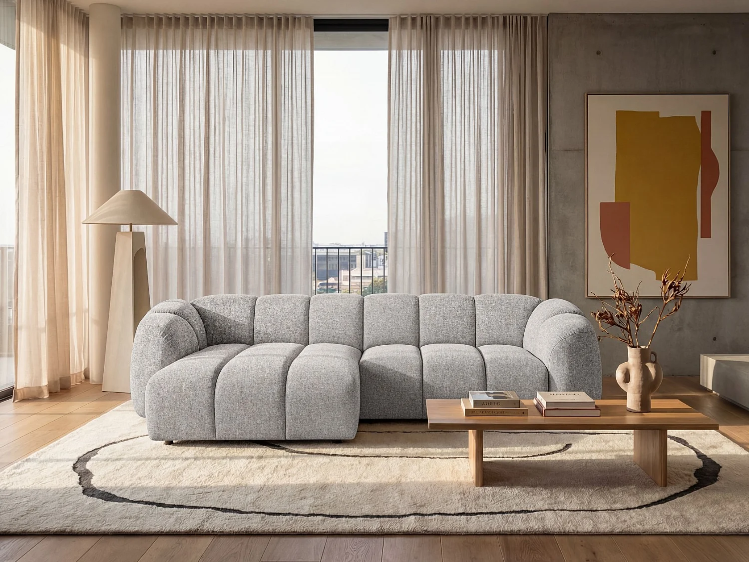 Canapé d'angle gauche tissu bouclé beige 280 cm - Mali Design