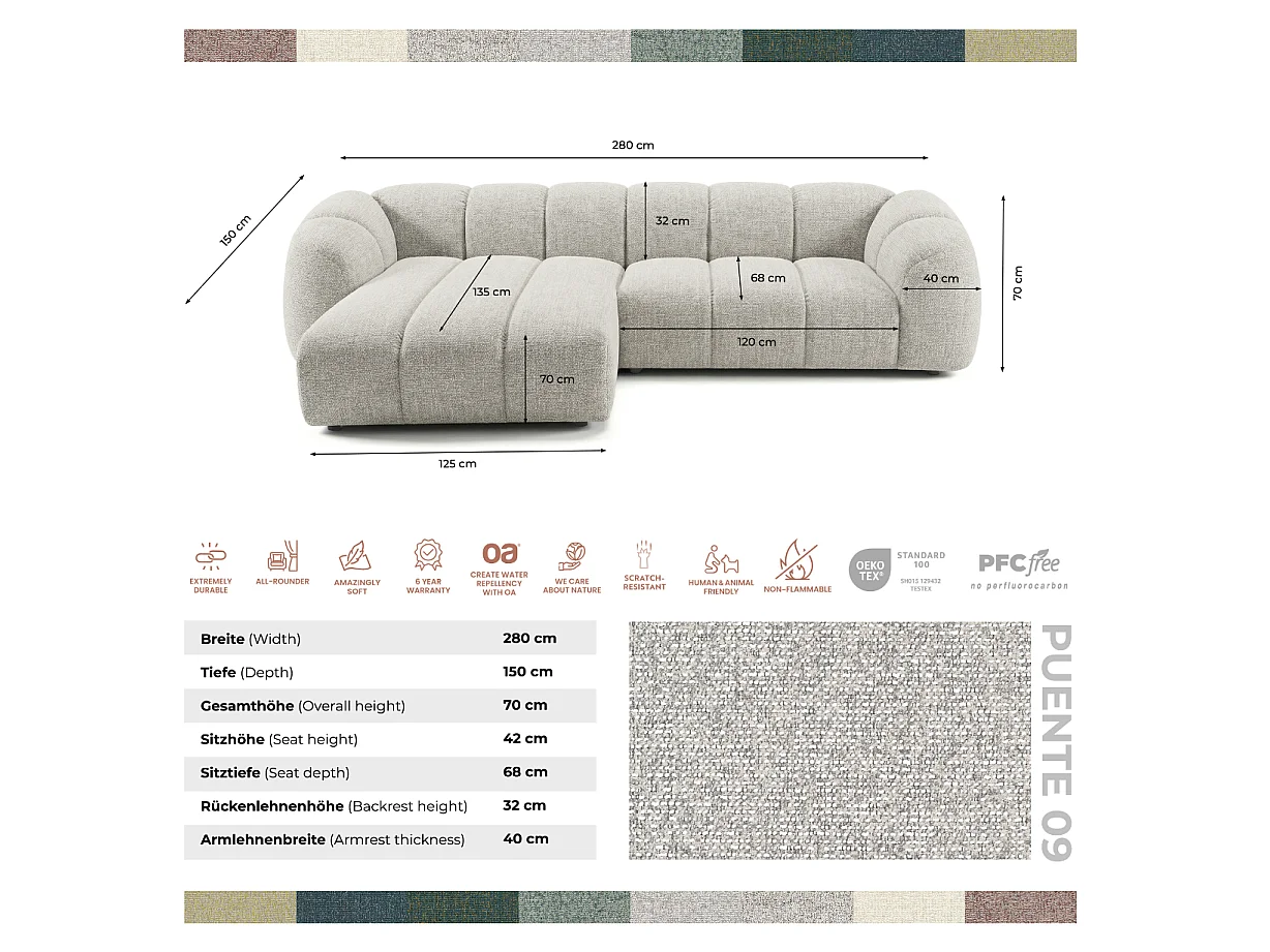 Canapé d'angle gauche tissu bouclé beige 280 cm - Mali Design