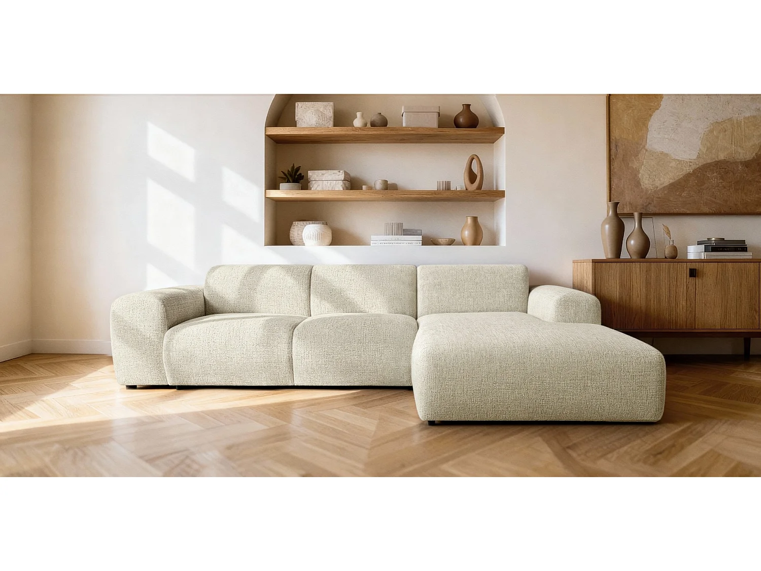Canapé d'angle droit en tissu bouclé blanc cassé 310 cm - GIN