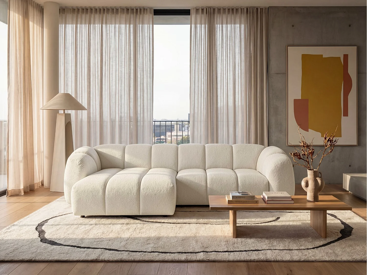 Canapé d'angle gauche tissu bouclé blanc cassé 280 cm - Mali Design