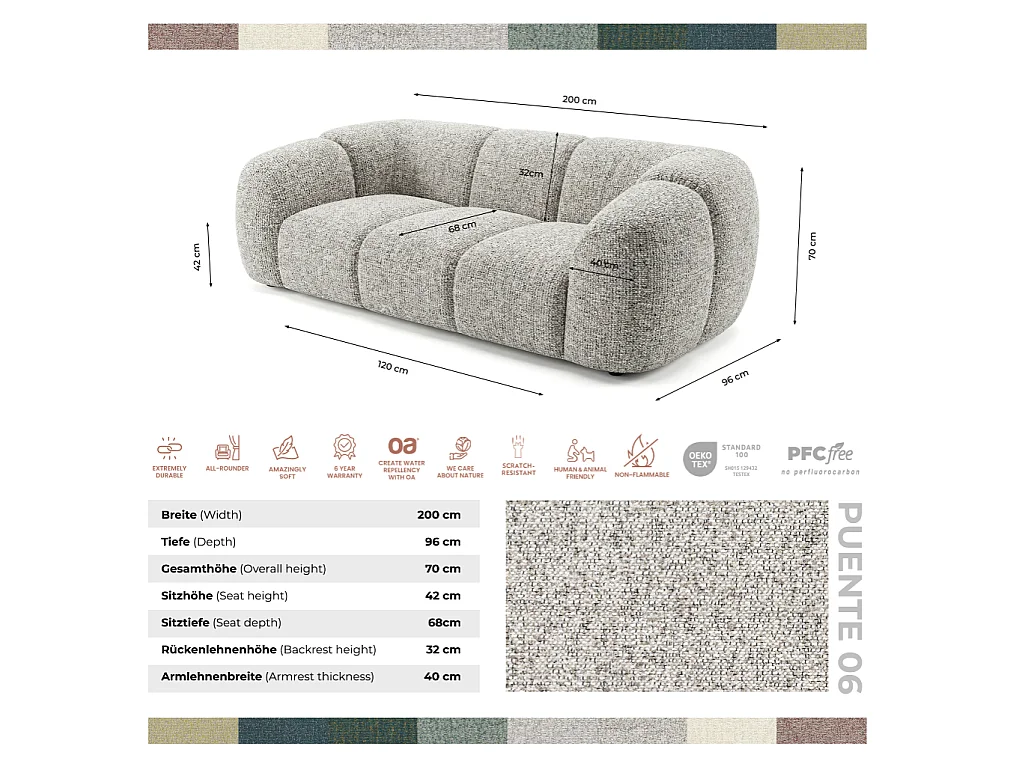 Canapé 2 places capitonné en tissu bouclé gris clair 200 cm - MALI 2S