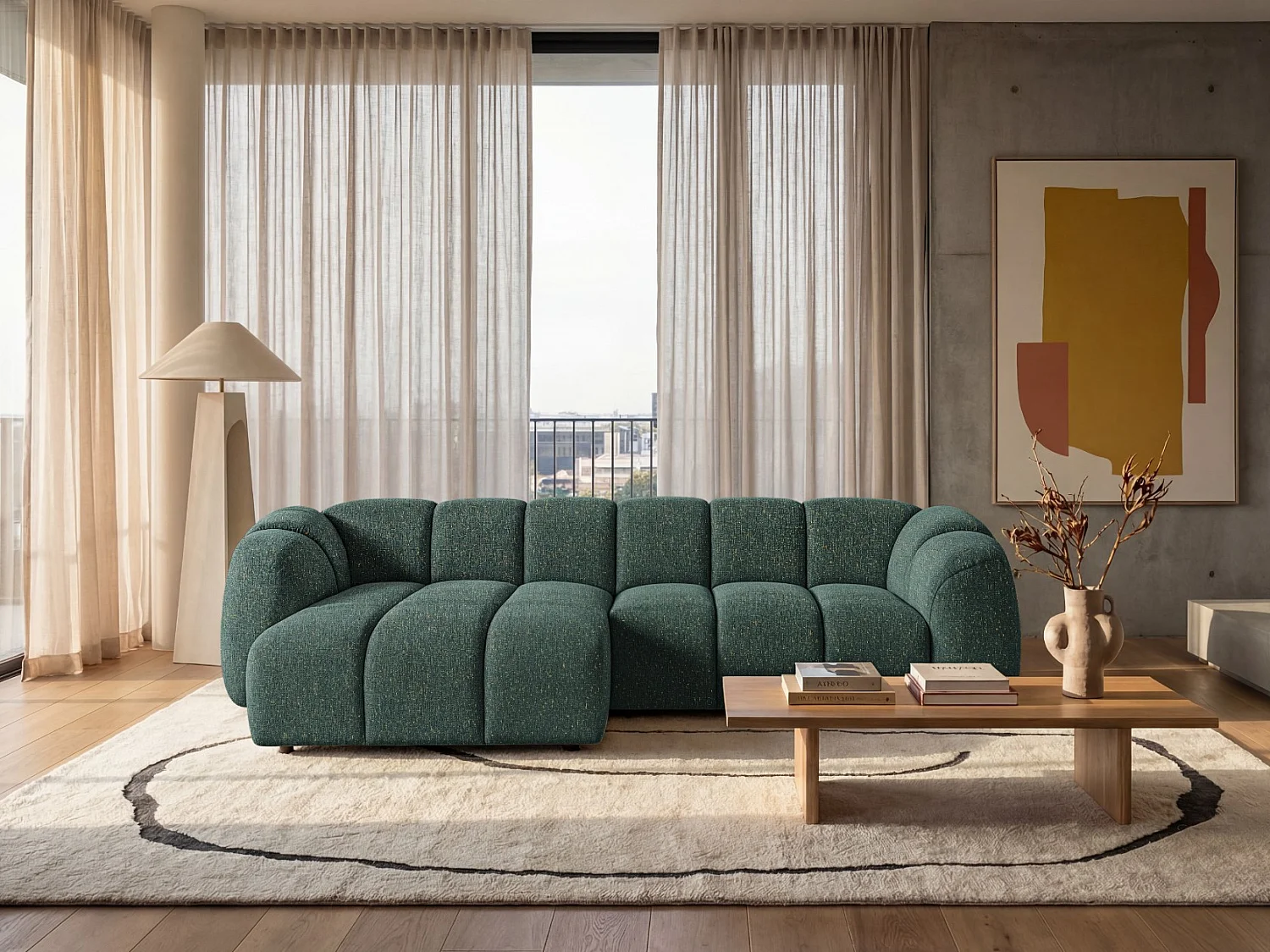 Canapé d'angle gauche tissu bouclé vert 280 cm - Mali Design