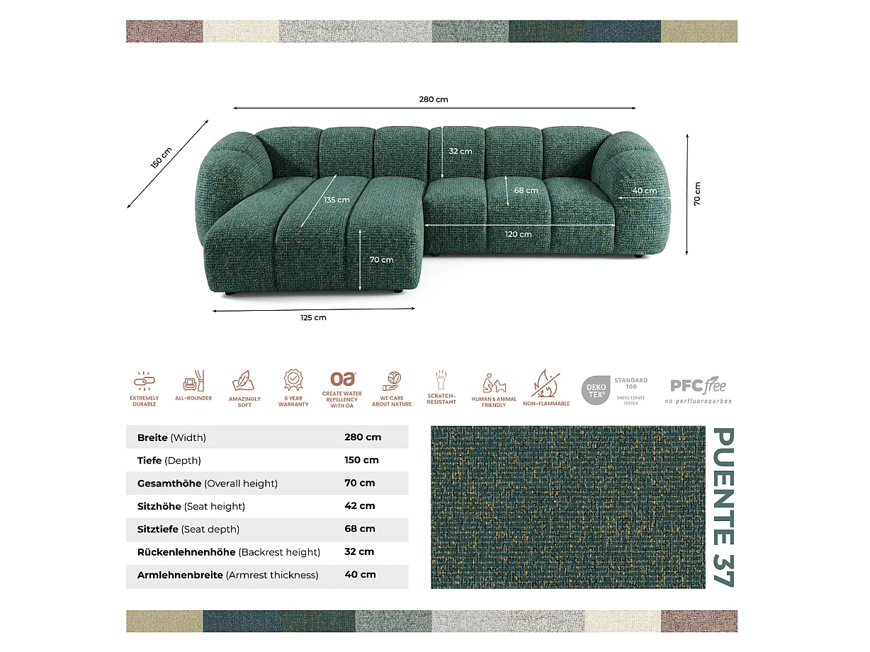 Canapé d'angle gauche tissu bouclé vert 280 cm - Mali Design